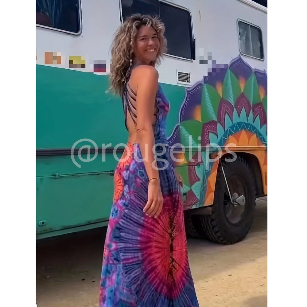 Criss Cross Open Back Tie Dye Multicolor Maxi Dress - Picture 3 of 8